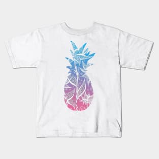 Blue and Pink Floral Pattern Pineapple Kids T-Shirt